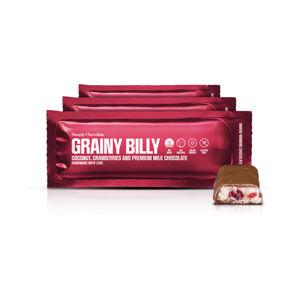 Grainy Billy 12-pack | Kokos, tranebær og premium mælkechokolade Grainy Billy 12-pack | Kokos, tranebær og premium mælkechokolade