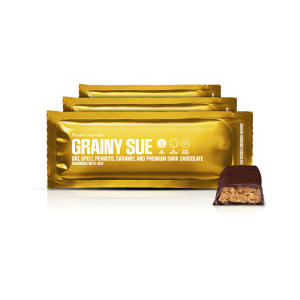 Grainy Sue 12-pack | Havre, spelt, peanuts, karamel og premium mørk chokolade