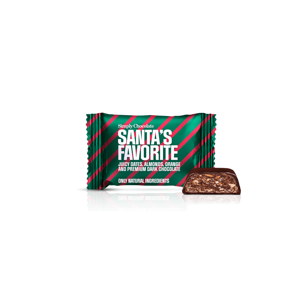 Santa's Favorite – Box med 75 stk. bites | Saftige dadler, mandler, appelsin og premium mørk chokolade Santa's Favorite – Box med 75 stk. bites | Saftige dadler, mandler, appelsin og premium mørk chokolade