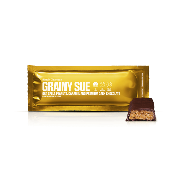 Grainy Sue | Havre, spelt, peanuts, karamel og mørk chokolade